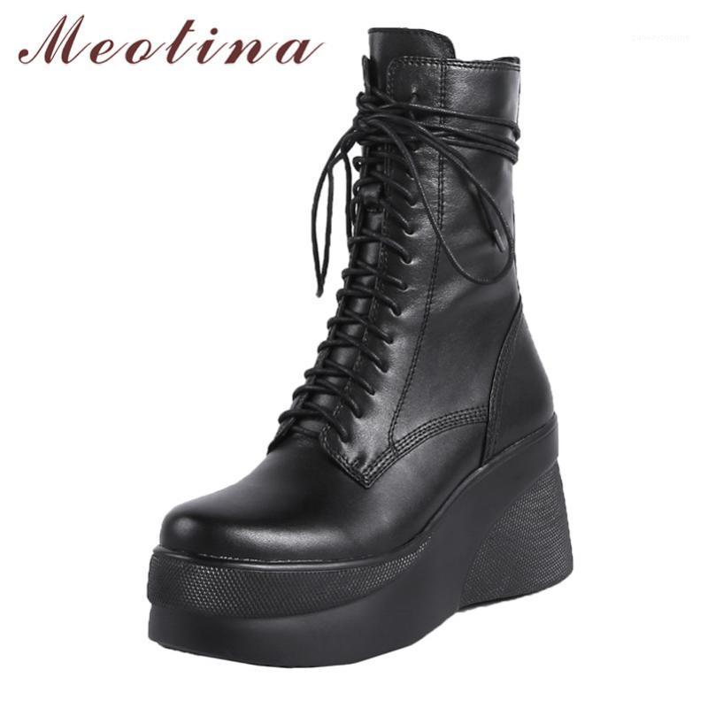 

Meotina Winter Ankle Boots Women Natural Genuine Leather Platform Wedge High Heel Short Boots Zip Round Toe Shoes Ladies Fall 391, Black synthetic lini