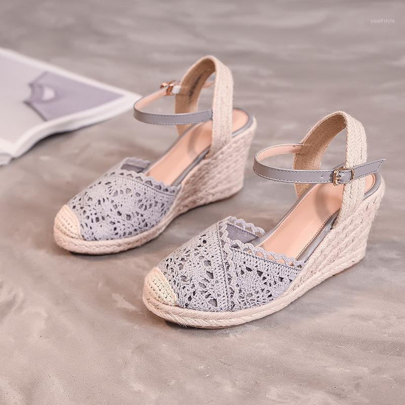 

Summer Wedge Women's Gray Sandals Flock Round Toe Lace Roman Fashion High Heel Platform Women Sandals Shoes Plus Size 34-441