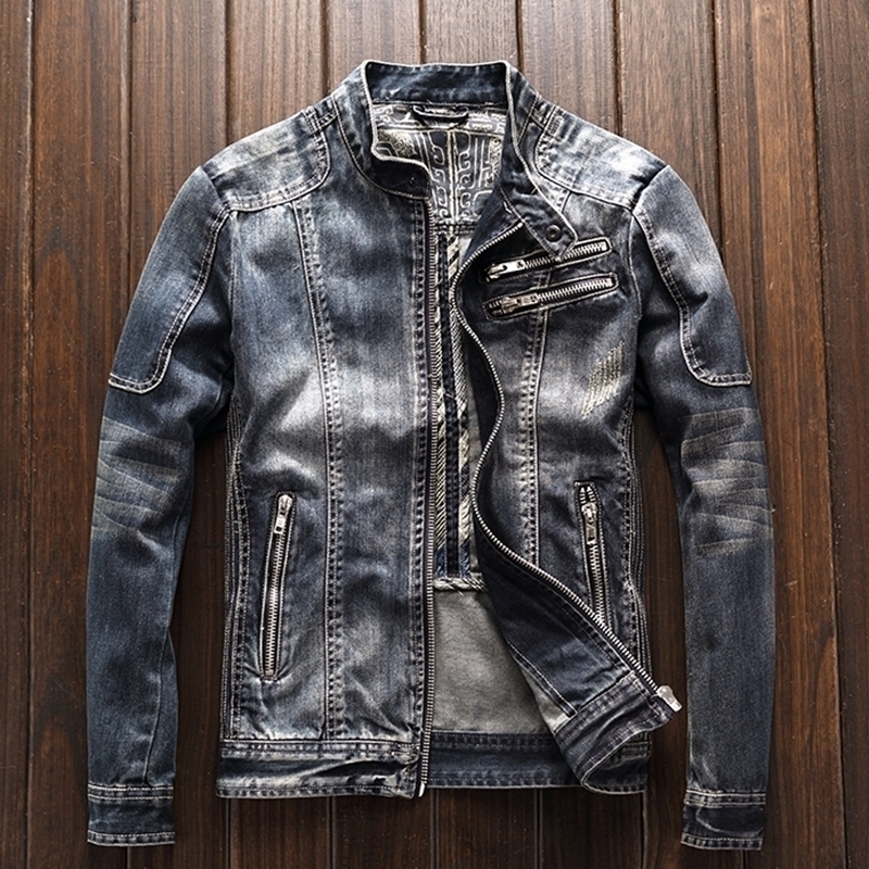 

European and American spring wear men's jeans jacket casual retro slightly fat large size stand-up collar zipper jacket cycling 201120, Navy blue