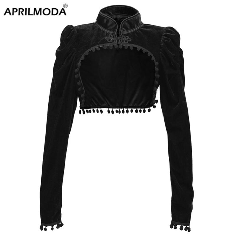 

Black Velvet Short Steampunk Crop Jacket Stand Long Sleeve Autumn Women Gothic Bolero Victorian Coat Vintage Corset Accessories