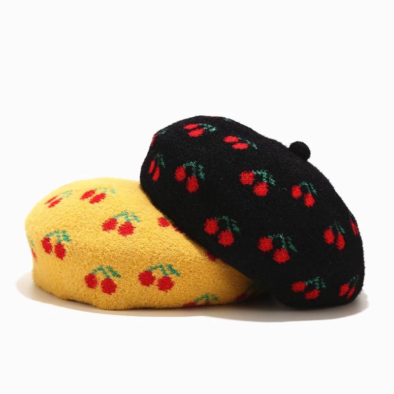 

Berets 100% Wool Cherry Embroidery Cap Winter Women Round Soft Chicken Warm Artist Pumpkin Hats Gorros, 003