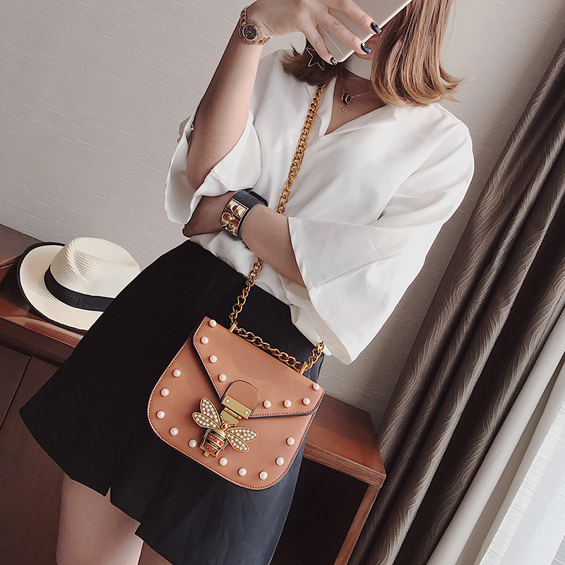

New design Hot bee buckle shoulder bags for women pearl rivet crossbody bag gold chain messenger bags designer handbags free shipping