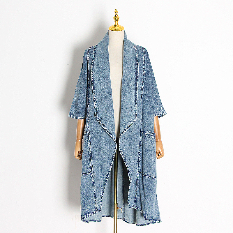 

[EWQ] Female Clothing Overcoats Tide Vintage Denim Women Windbreaker Lapel Collar Half Sleeve High Waist Trench Coats Blue 201015, Beige