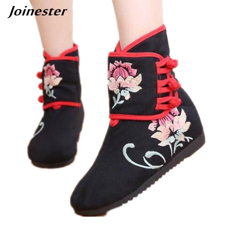 

Women Winter Boots Vintage Ankle Boot Ladies Embroidery Short Boot for Woman Autumn Casual Shoes Retro Wedges Buttons Booties, Black