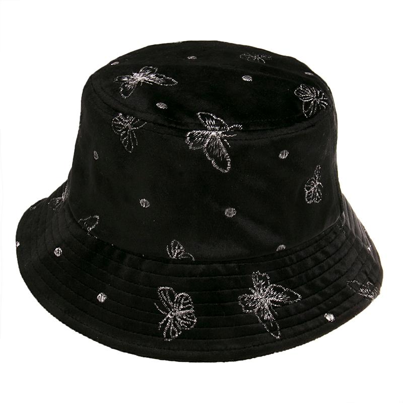 

FOXMOTHER New Fashion Black Grey Panama Caps Fisherman Hat butterfly embroidery velvet Bucket Hat Women Winter Bob chapeau Femme