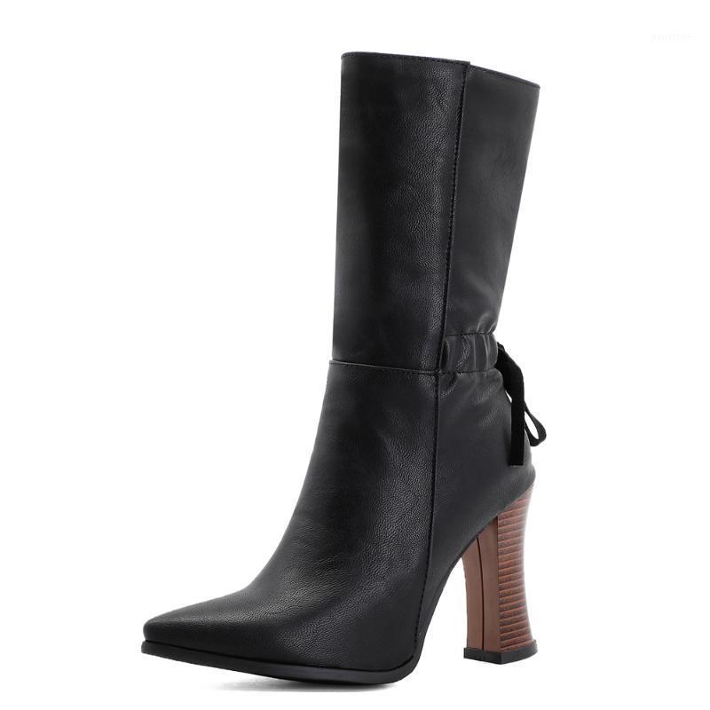 

Pointed Wood Grain Profiled Heel Lace Mid-Calf Boots Side Zipper Short Plush Print Super High Heel Mid-Calf Boots1, Black