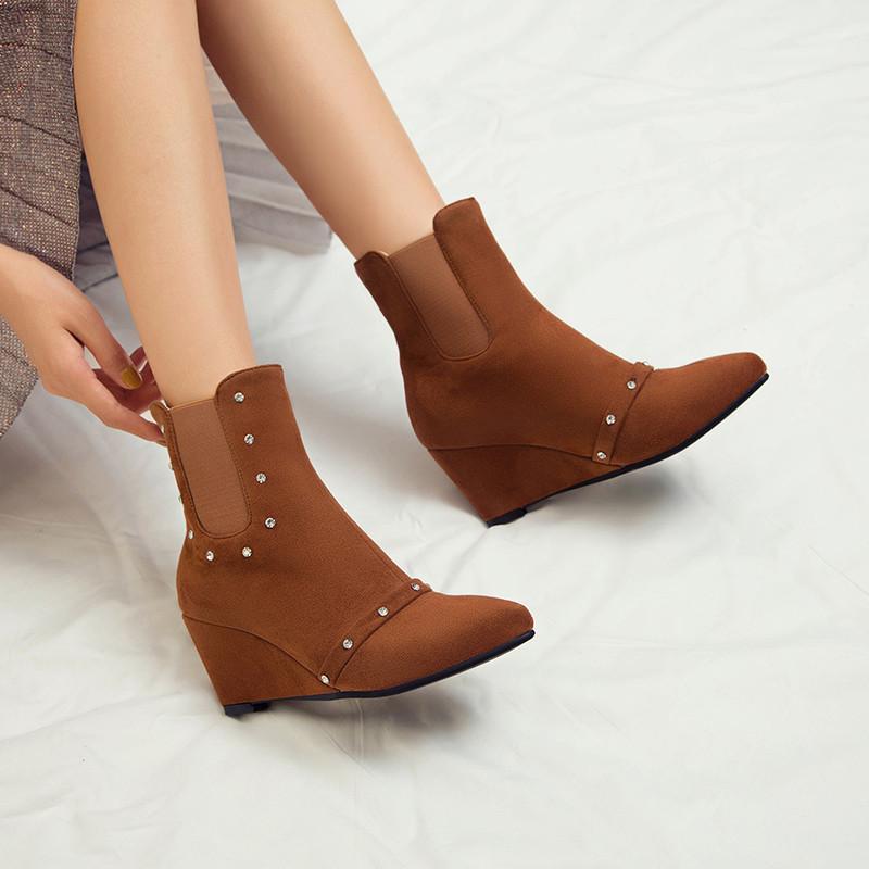 

YQBTDL Fashion Crystal Rhinestone Wedges Shoes Slip on Faux Suede Black Apricot Plus Size Womens Booties Ankle Boot Plus Size1