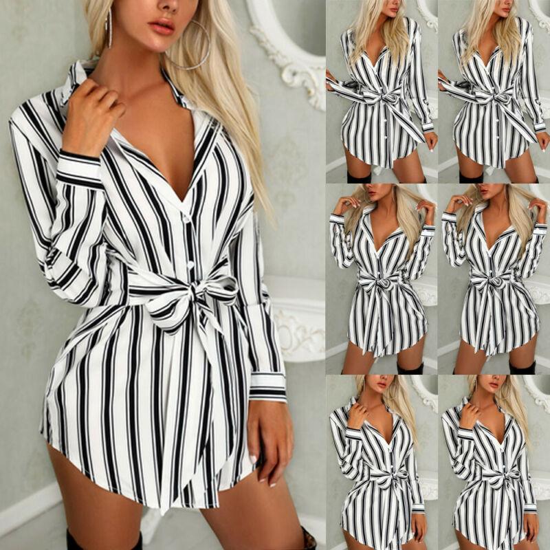 

Hot 2020 Sexy Women' Summer Long Shirt Belt Long Sleeve Striped Casual Party Mini Dress Straight V-Neck Ladies Tops Plus Size