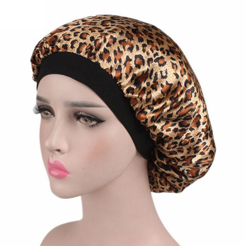 

Women Satin Night Beauty Salon Sleep Shower Cap Cover Leopard Print Hair Hat Silk Head Wide Elastic Band Springy Hair Cap