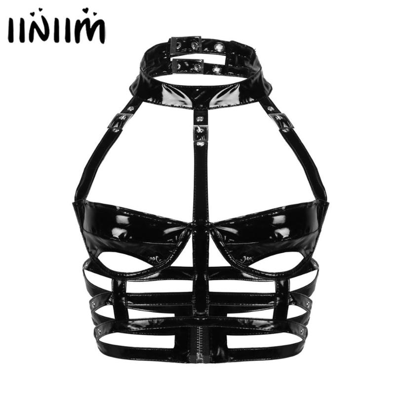 

Womens Punk Gothic Vest Wetlook Costumes Clubwear Patent Leather Halter Neck Pole Fashion Cups Cutout Caged Bra Top 2020 New, Black