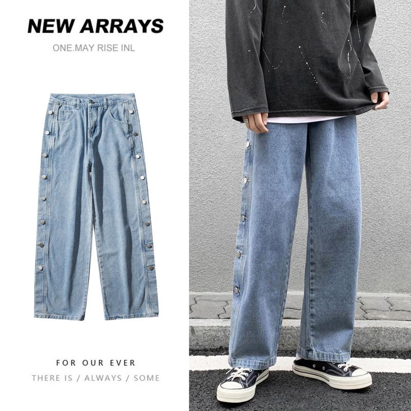 

Korean Style Straight Jeans Men's Fashion Blue Black Retro Jeans Men Streetwear Loose Hip-hop Button Denim Trousers Mens -2XL