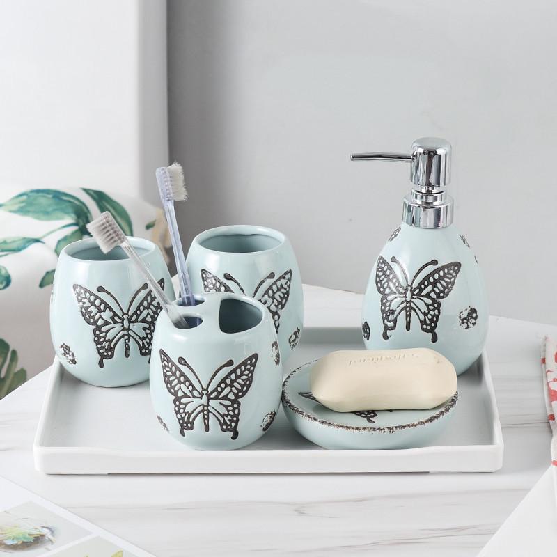 

Butterfly Ceramic Bathroom Set With Tray for Bath Wedding Gift Bathroom Accessories Decoration Toothbrush Holder/Soap Dispenser
