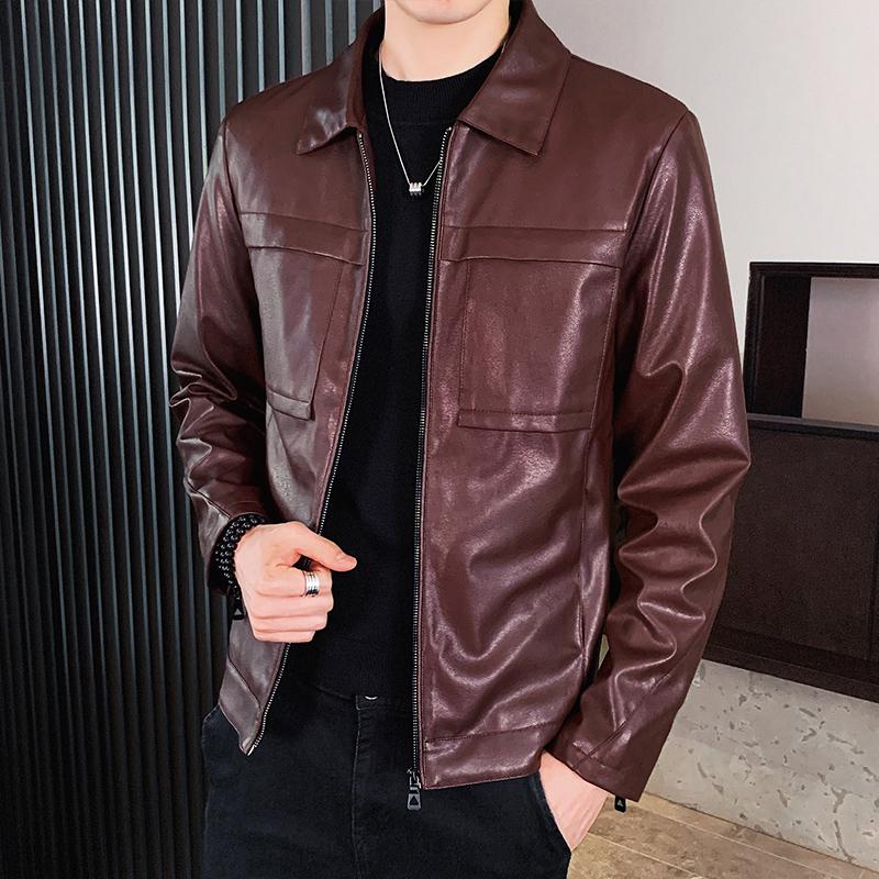 

Men's Leather Jacket Autumn Winter Suede Windbreaker Solid Turn down Collar Zipper Soft Casual Faux Leather Jacket Coat Male, Black