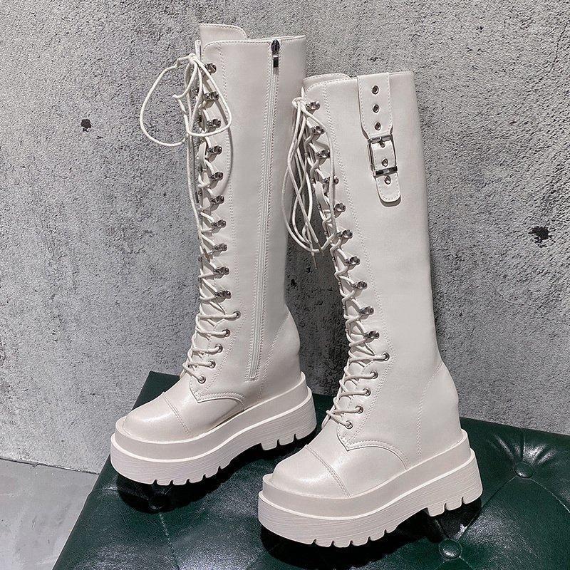 

2020 Winter Women Wedges Shoes Fashion Mid Calf Boots Brand Platform Ladies 10cm Height Increasing Woman Leather Gladiator Boots1, Black