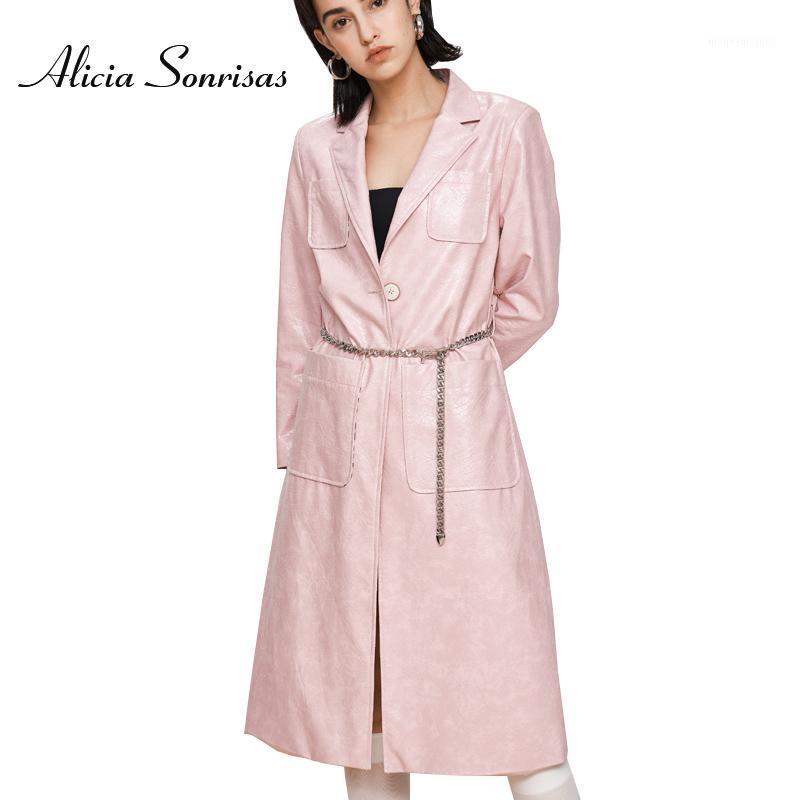 

New 2021 Spring Long Paint Trench Coat Women' Slim Fit Slim Pink Long Sleeves Suit Collar PU Leather Jacket AS50731