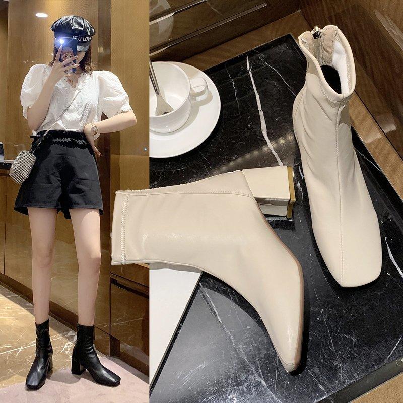 

White short boots women's thin boots 2021 Korean autumn new high heels fashion square head women's, Khaki