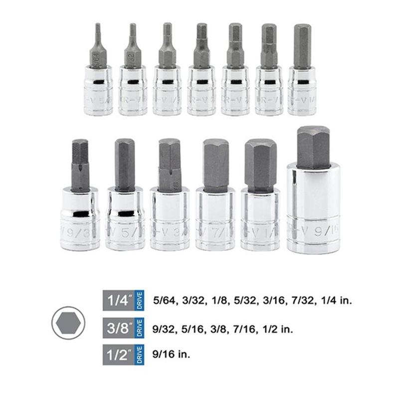 

13 Pcs/set Heavy Duty Allen SAE Wrench Hex Socket Bit Set 3/8"" 1/4"" 1/2"" Drill Bit Adapter