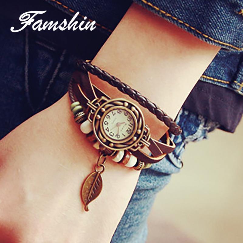 

FAMSHIN Women Watches Fashion Leather Vintage Weave Wrap Quartz Wrist Watch Bracelet Watch PU Leather Bracelets Couple
