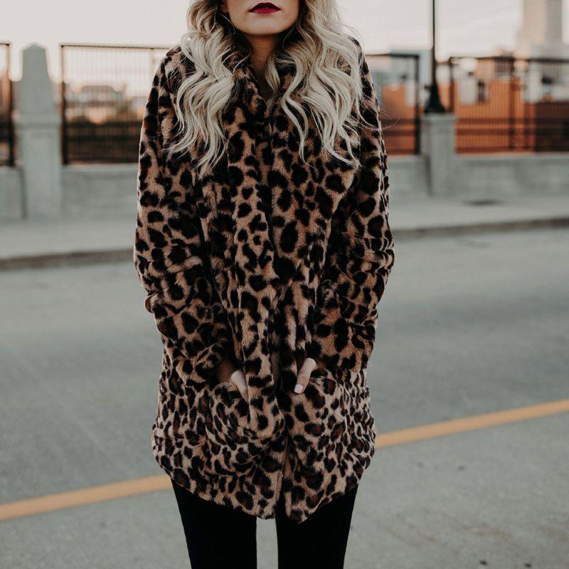 

Winter Artificial Jacket Luxury Leopard Printed Coat Turn-Down Collar Open Front Cardigan Loose Outwear With Pockets Plus Size, As pic