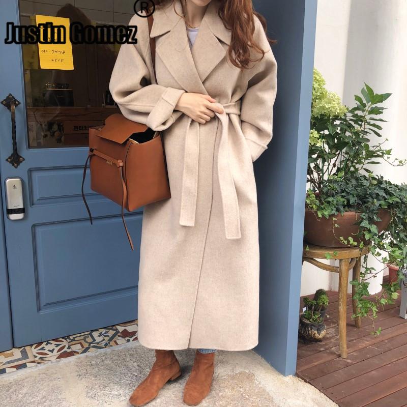 

2020 Autumn Winter New Korean Soft Woolen Coat With Belt Plus Size Loose Warm Elegant Women's Wool Blend Outwear Clothes, Beige