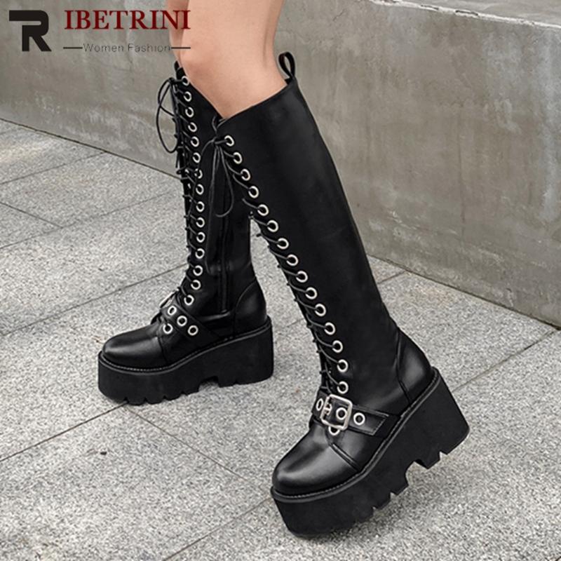

RIBETRINI Ins Women Shoes Women Solid Zipper Lace Up Platform Mid Calf Motorcycle Boots Cool Fashion Quality Boots, Black