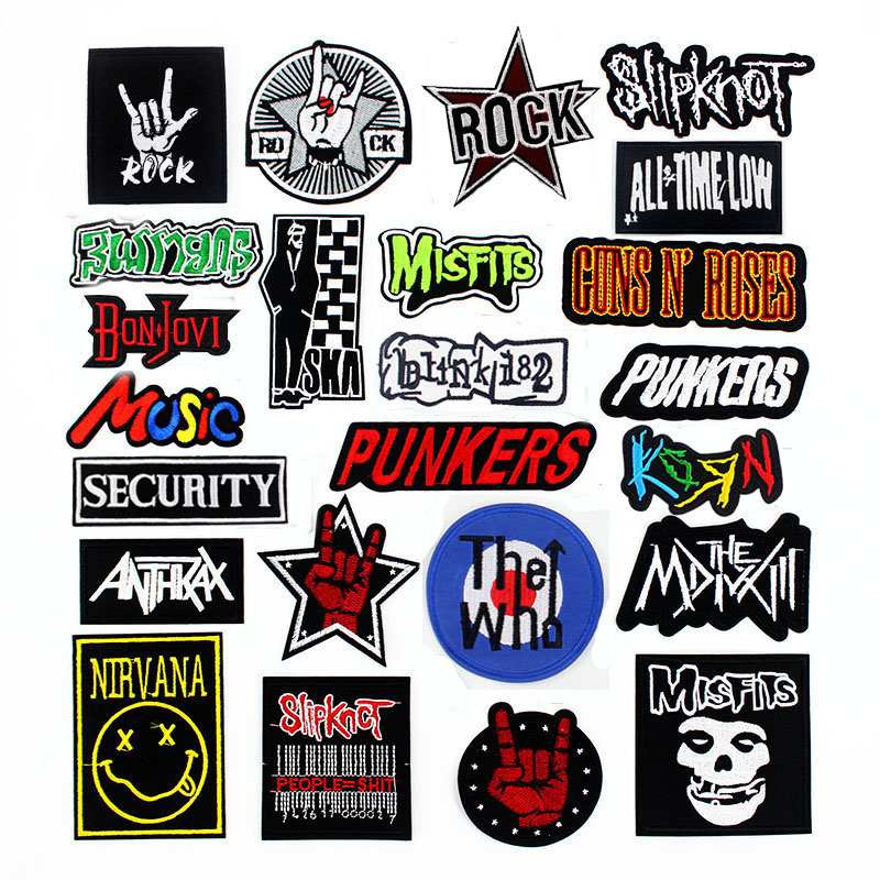 

Free Shipping Custom Patches Mixed Ironing Cloth Patches Band Rock Music Badges Punk Embroidered Stickers for Jacket Jeans DIY Applique