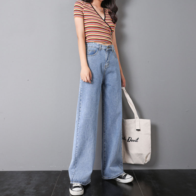 

Women Jeans Pants Leisure Loose High Waist Vintage wide leg jeans Women Jean Korean Style All-match Simple Full-length, Blue