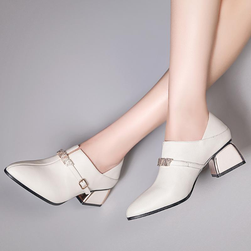 

SARAIRIS Female Concise Genuine Leather Mules Med Chunky Heels Work Pumps Women Daily Casual slip-on Shoes Woman, Beige