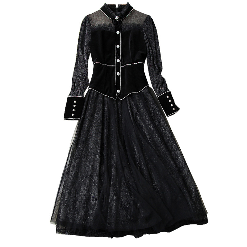 

High End Maxi Long Luxury Buttons Crocheted Shreds Dress Aline Female Bow Party Perspective Layer Pcl9, Black
