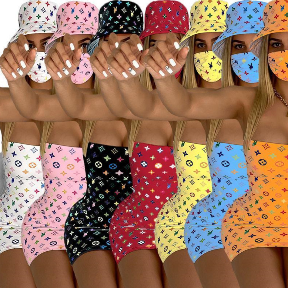 

Designer Women Summer Dress Strapless Tight Skirt With Hat And Mask 3 Piece Clubwear Luxury Trendy Color Matching Suit y215, Orange