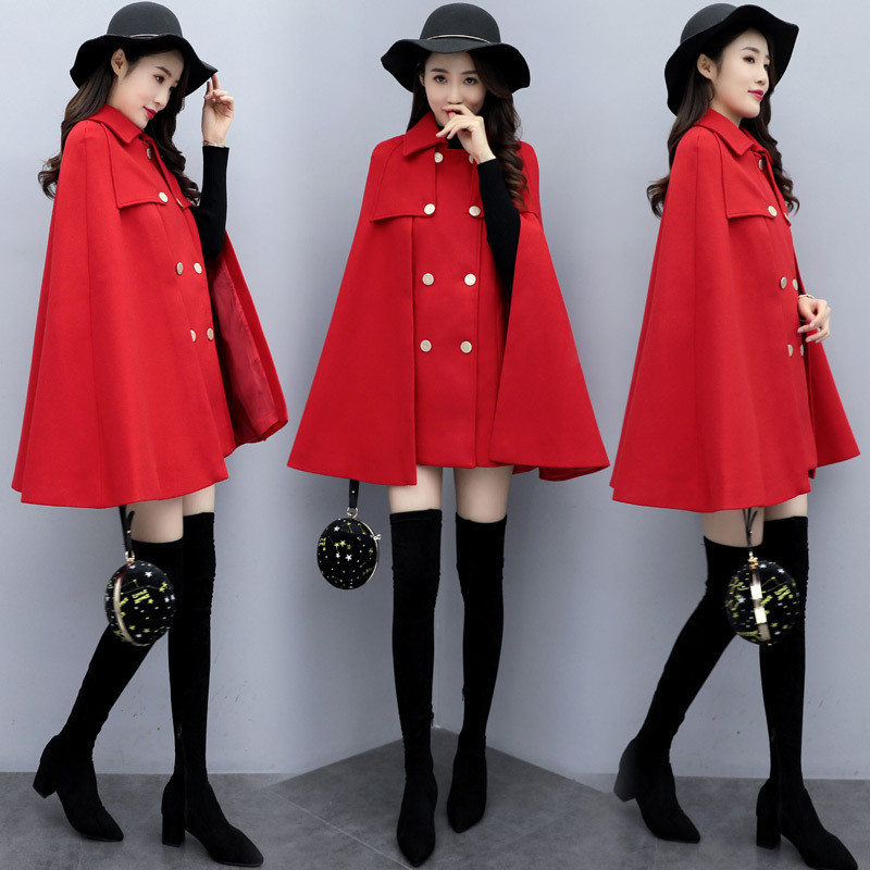 

2021 New Female Wool Korean Winter Double Office Lady Poncho Loose Elegant Woman Blazer Coat XBNZ, Red