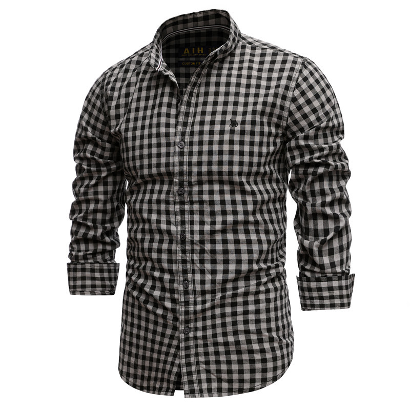 

2021 New Spring 100% Cotton Plaid Casual Slim Fit Men Long Sleeve High Quality Men's Social Shirt Shirts Nhr2, Brown