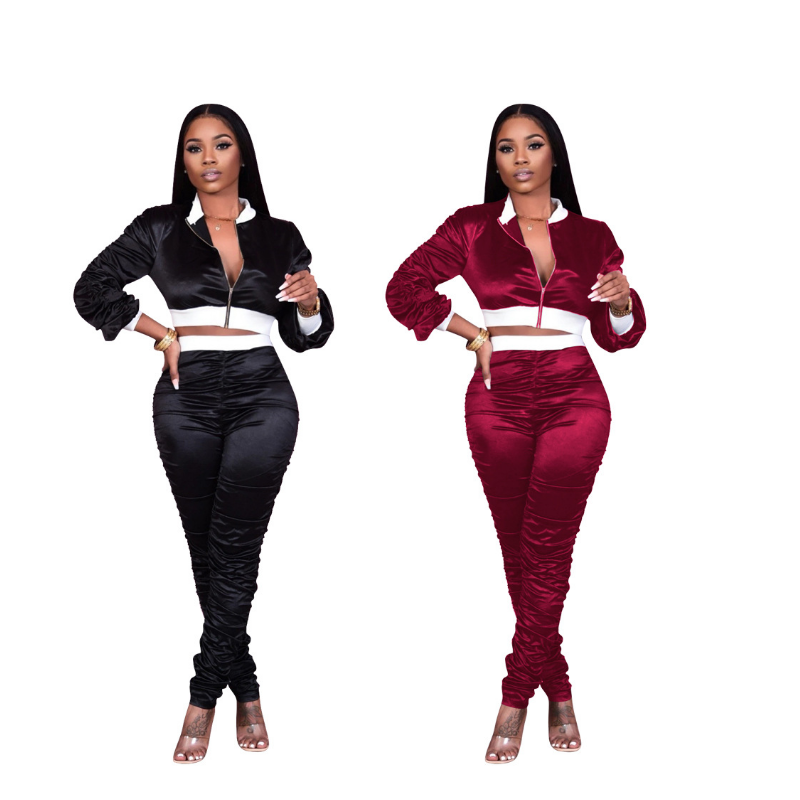 

Women' standing collar 2-piece sports suit wine red Lapel zipper sports top solid color loose running pants Tennis sportswear, Black