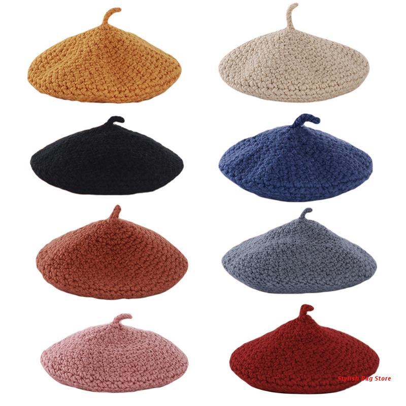 

Women Winter Knitted Beret Cap Solid Color Chunky Crochet Painter Beanie Hat, Beige