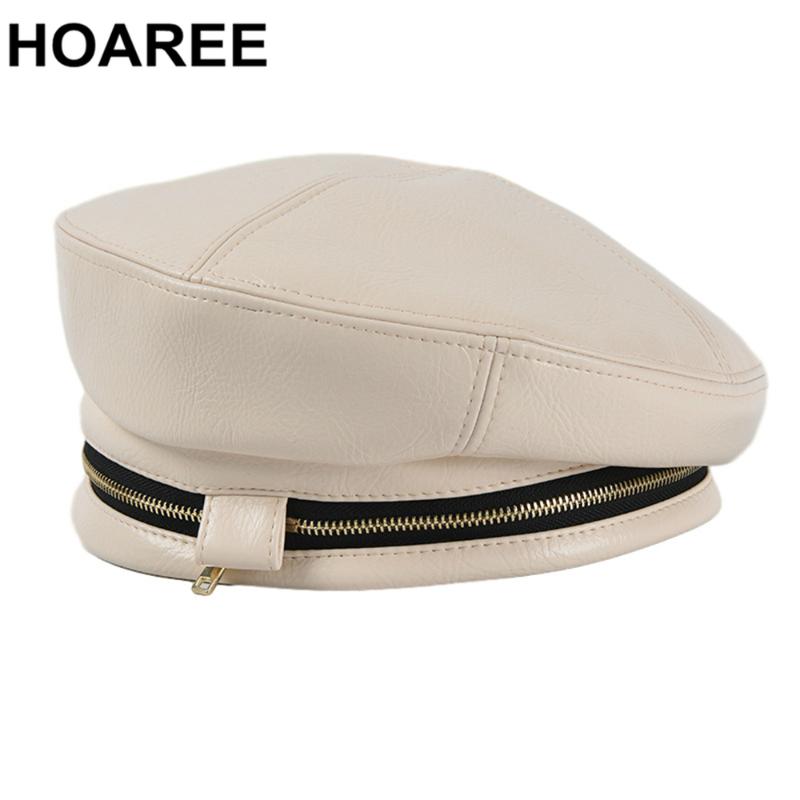 

Berets Caps for Women Hats with Zipper Decoration Beige Winter Hat Leather French Retro Hat Designer Brand Special Artist Cap, White