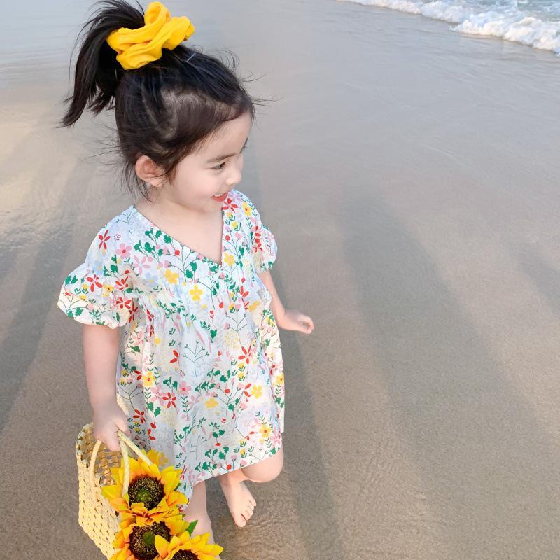 

Summer New Arrival korean style cotton flowers printed short sleeve all-match princess dress for cute sweet baby girls1, White