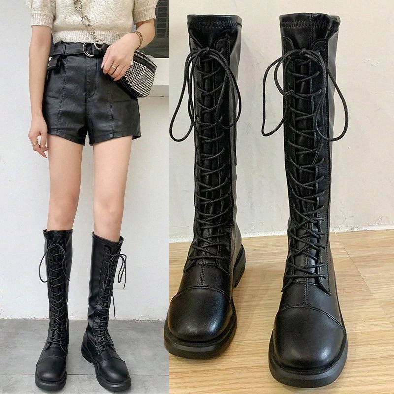 

2021 Boots Female Chunky Platform PU Leather Knee High Boots Women Retro Punk Long Woman Lace Up Booties Mujer Eu35-40 #2V2l, Black
