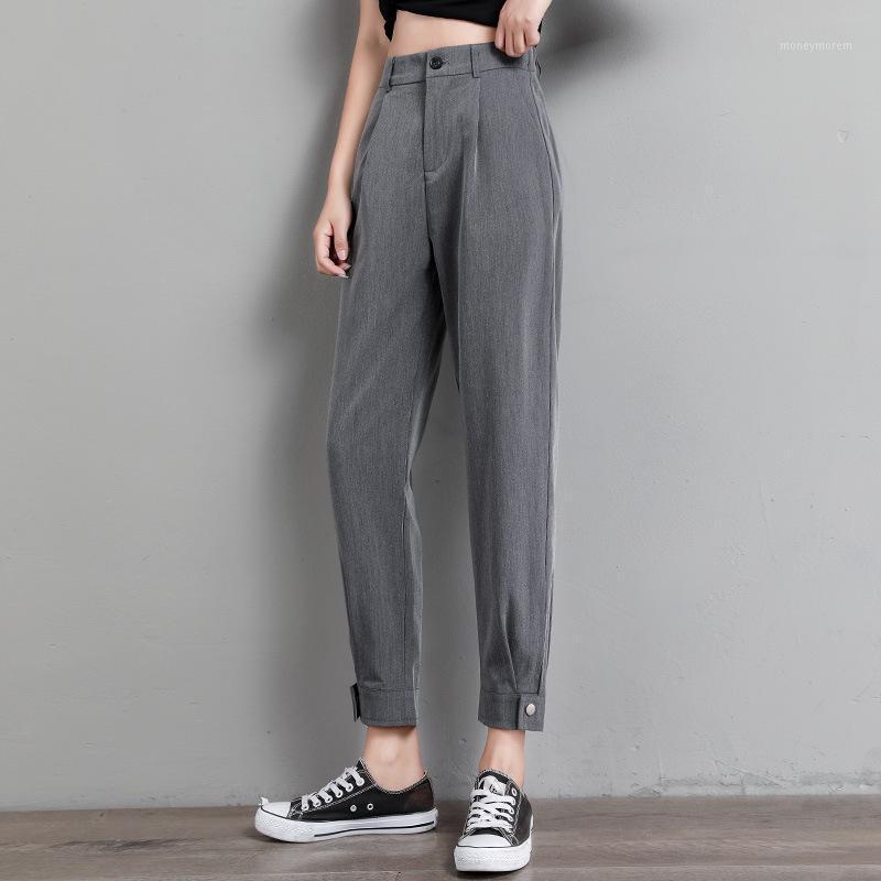 

Women Suit Pants High Waist Pockets Office Ladies Pants Pockets Solid Summer Harem Ankle-Length Business Trousers Black Gray1