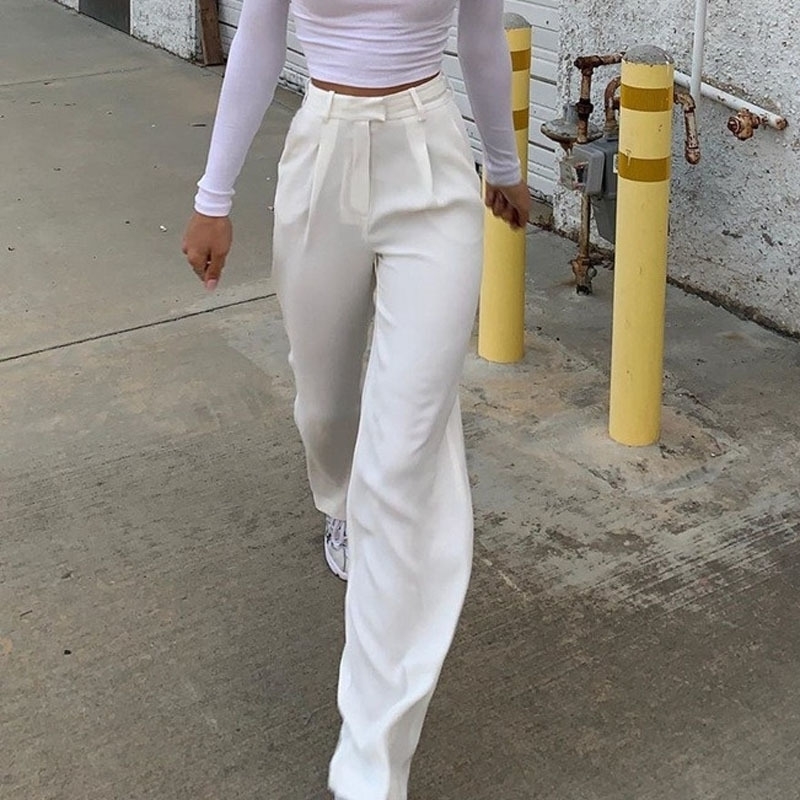 

yuqung women High Waist Fit long Pants ins female Streetwear Casual Capris Women' white office lady work long Trousers 201106