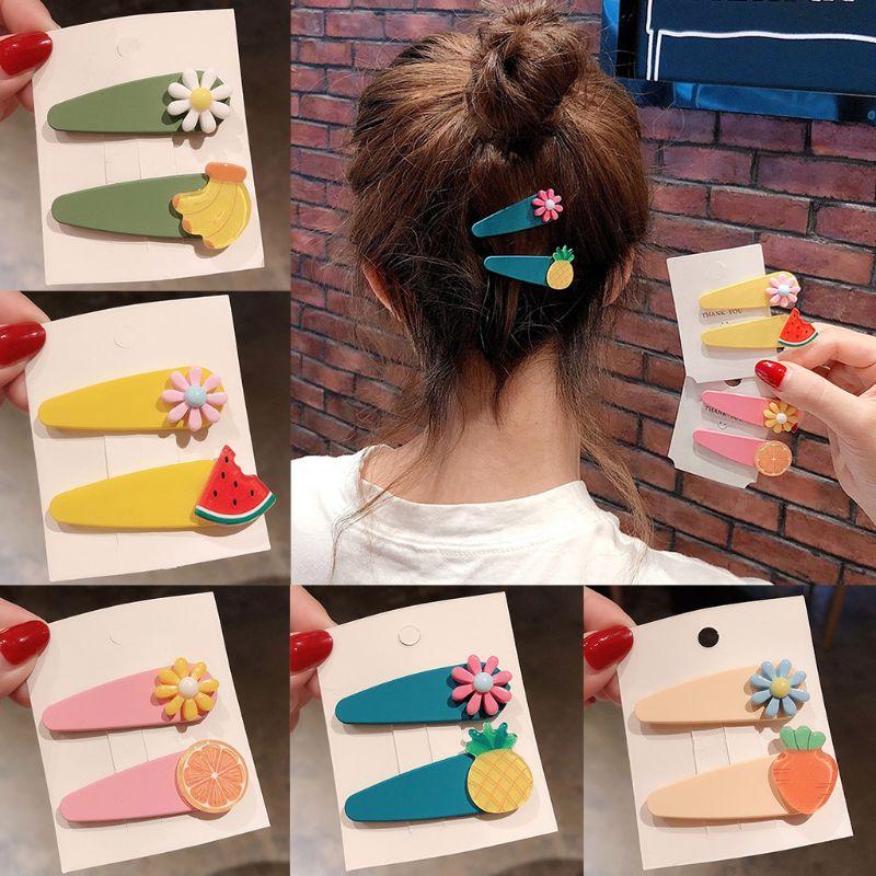 

2Pcs Summer Candy Color Scrub Resin Hair Clip Women Girls Cute Colorful Resin Flower Watermelon Fruit BB Hairgrip Snap Barrettes