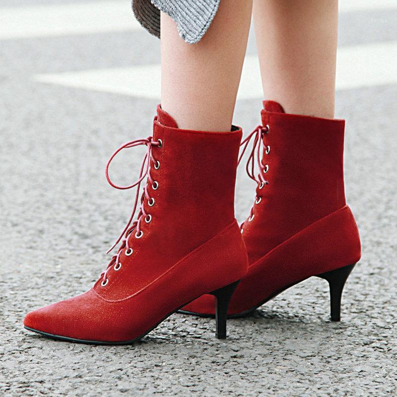 

AIWEIYi Thin High Heels Ankle Boots for Women Black Brown Pointed toe Platform Pumps Lace Up Autumn Winter Short Botas Mujer1