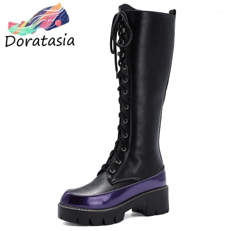 

DORATASIA Women Mixed Color Shoes Sewing Designer Boots Women Fashion Snake Print Lace Up Chunky Heel Mid Calf Boots1, Black