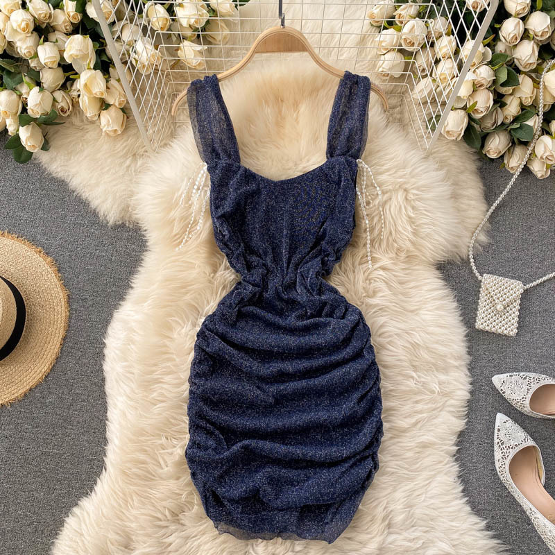 

2021 Singiny chic glowing lurex girdles sexy ladies'dresses ruched thin party dresses summer off the shoulder beach dressed vacation 5QMV, Dark blue