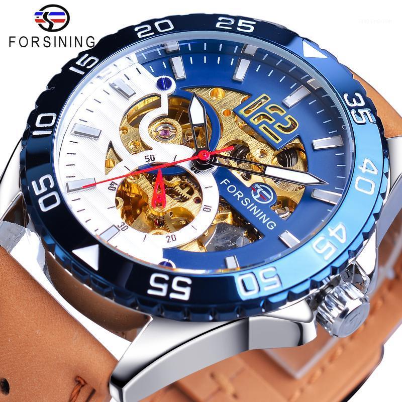 

Forsining Unique Mens Watch Automatic Creative Half Blue White Hollow Dial Genuine Leather Mechanical Clock Fashion Relojes 20201, Gmt1155-2