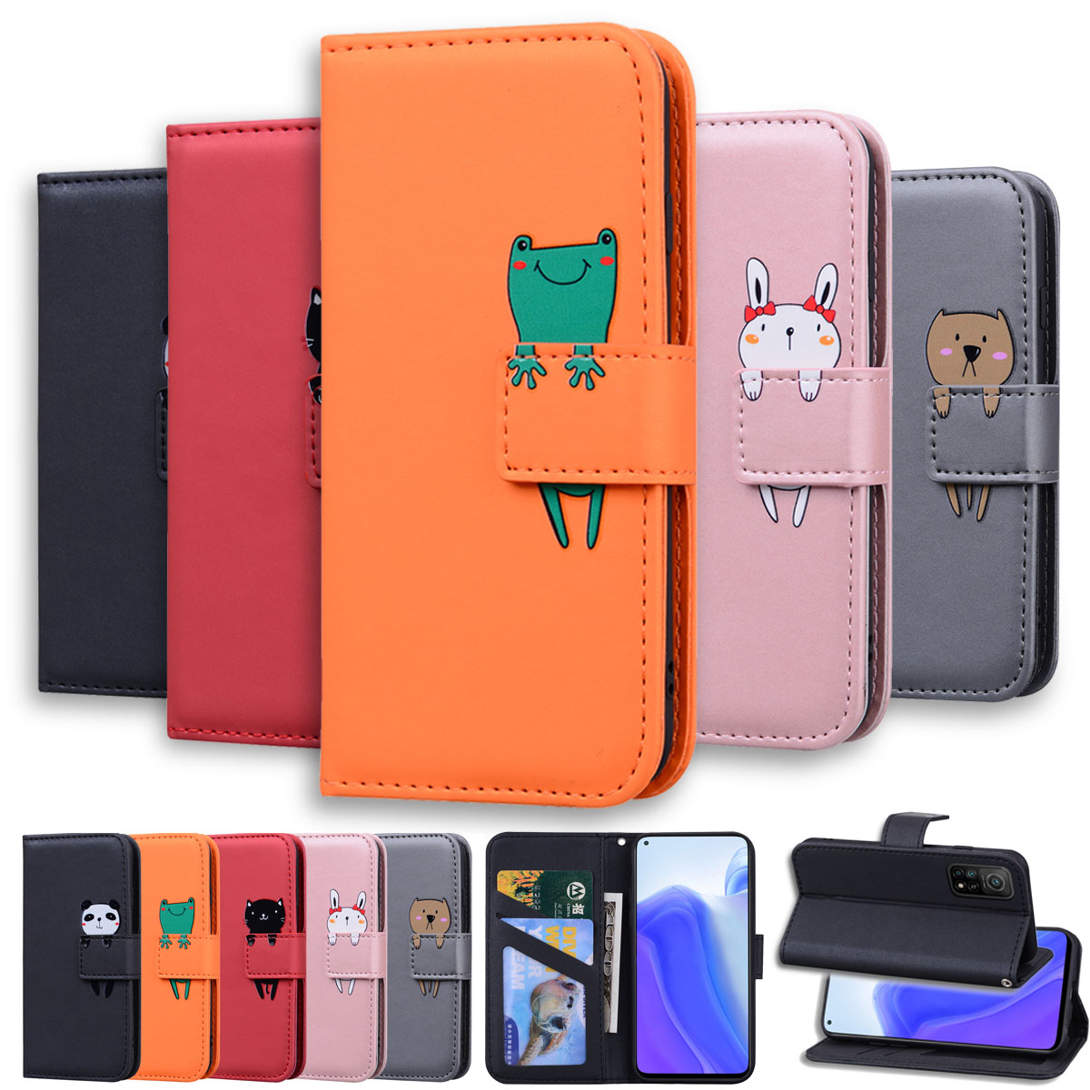

Lovely Animal Flip Leather Phone Cases For iPhone 13 12 11 Pro X XS XR Max 6 7 8 SE 6S Plus 5 Fundas Card Holder Stand Book Cover, Grey