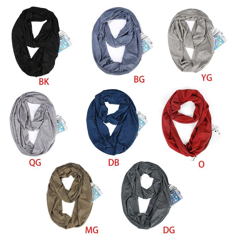

Unisex Winter Warm Solid Color Infinity Scarf Zipper Pocket Stripes Loop Shawl
