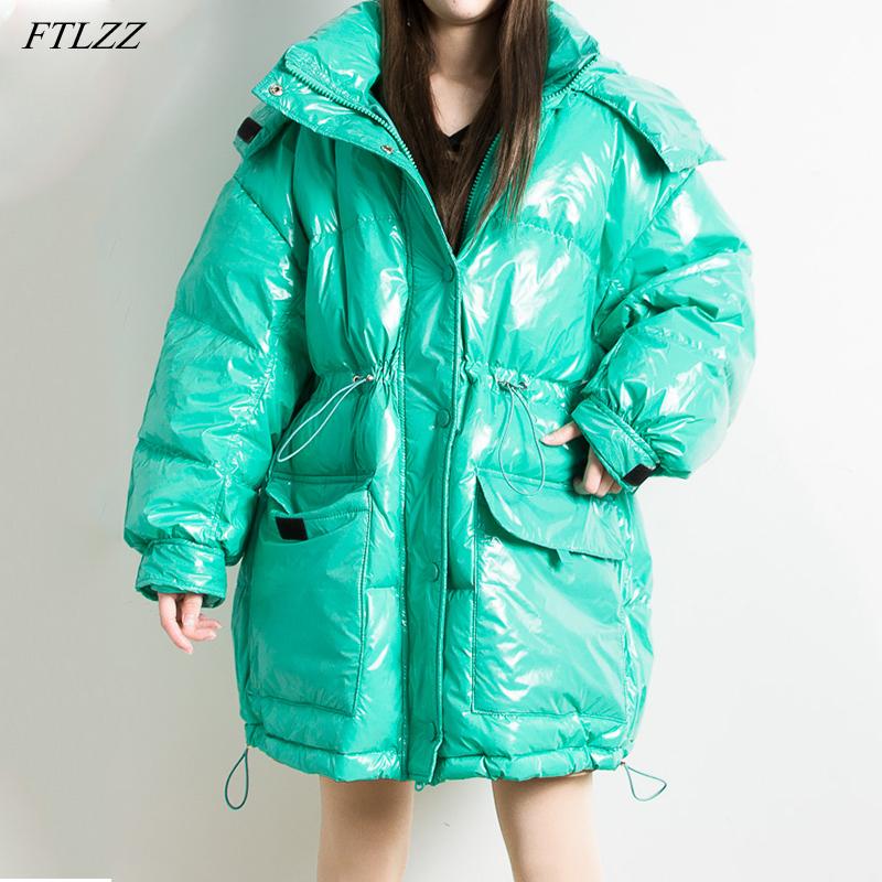 

FTLZZ New Winter Female 90% White Duck Down Outwear Elegant Lady Loose Candy Colors Bright Side Jacket Coat, Black
