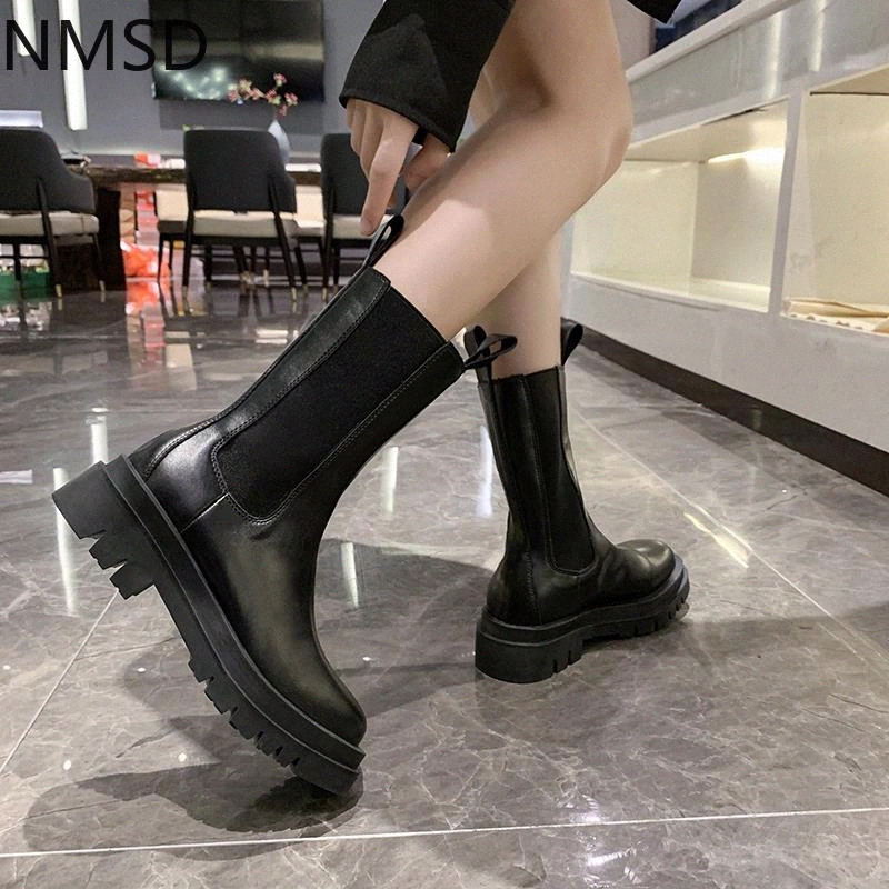 

2020 Winter New Designer Women Platform Punk Boots Warm Fur Mid Calf Boots Waterproof Height Increasing Cowboy Shoes #Vz0A, Black