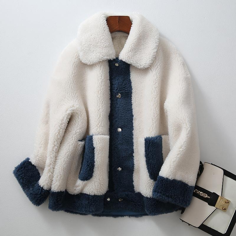 

Women Short Real Fur Coat Winter Warm Sheep Fur Jackets 2020 Letter A Patchwork Blue Overcoats Wool Long Sleeves Female Outwear, Yellow