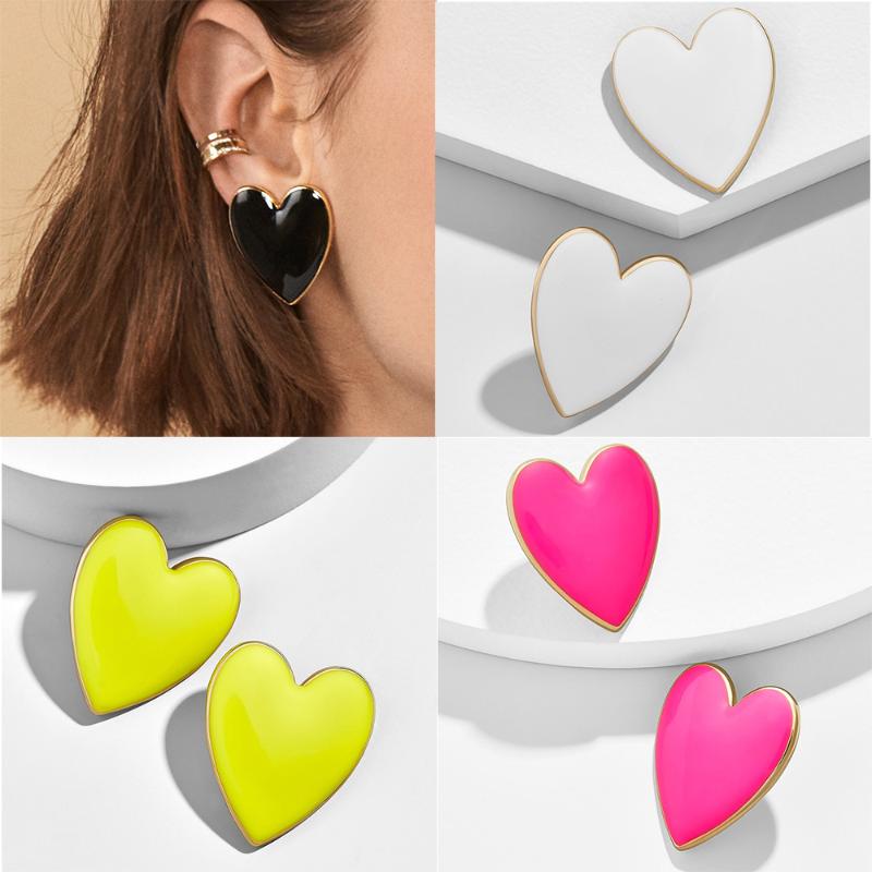 

Stud 2021 Summer Selling Black White Pink Yellow Enamel Heart Shaped Earrings For Women Lady's Minimalist Color Earring
